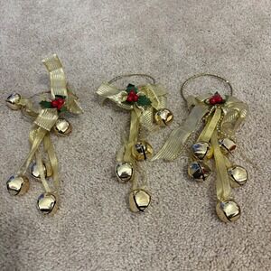Gold Jingle Bells Holly Berry Christmas Ornaments Set of 3 Festive‎ Decor